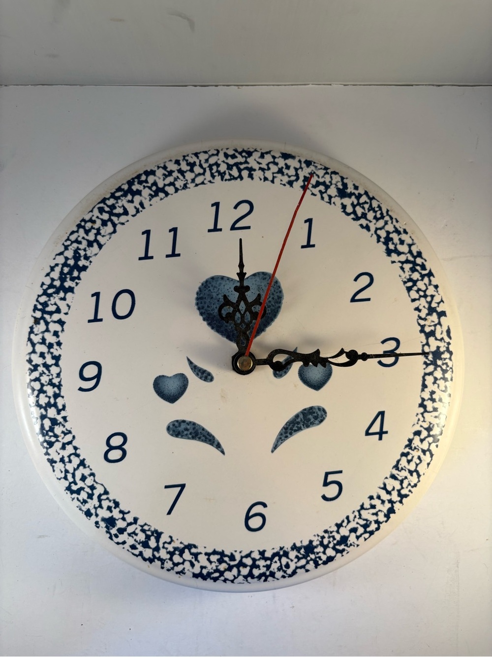 Vintage Corelle Coordinates Blue Hearts Ceramic Stoneware Wall Clock Working 9”